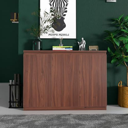holzart 43" Walnut Brown Buffet Cabinet Sideboard with Storage - Modern 3-Door Wood Grain Kitchen Cupboard & Coffee Bar Station for Dining Room, Living Room - Adjustable Shelf, 43.3" W x 31.5" H - color: Brown