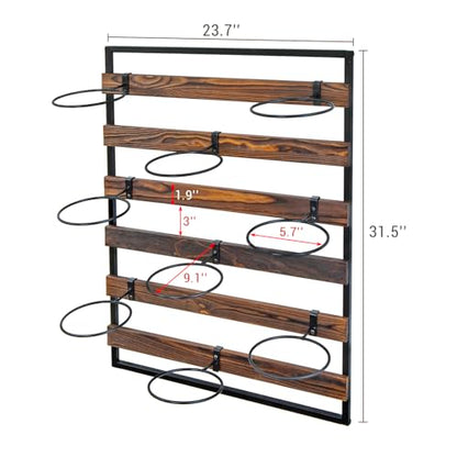 MyGift 9 Hook Industrial Black Metal and Rustic Burnt Solid Wood Wall Mounted Sports Balls Display, Gym or Garage Storage for Basketball Volleyball Soccer Ball Holder Rack