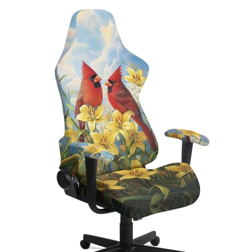 Suobstales Cardinal Lily Flower Print Gaming Chair Covers Cat Scratch Proof Stretch Gaming Chair Seat Covers with Armrest Cover, Anti-Scratch Protection for Ergonomic Game Rotating Office Chair - color: Cardinal Lily Flower