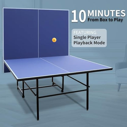 Professional Outdoor Table Tennis Table, 9Ft Full Size Folding Portable Ping Pong Tables with Net for Outdoor/Indoor, Single Player Playback Mode, 10 Minute Quick Assembly, Blue - size: 9FT