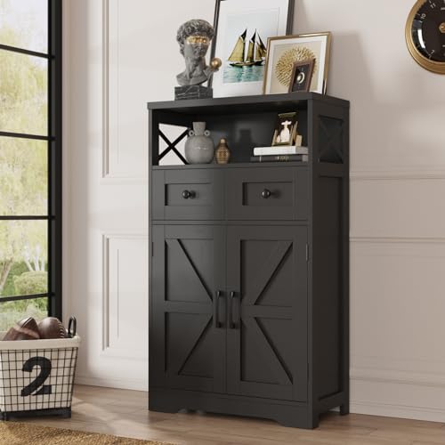 Befrases Black Storage Cabinet with Drawers and Shelves, Freestanding Black Kitchen Pantry, Floor Storage Cabinet Hutch Cupboard for Dining, Living Room, Home Office - color: Black, size: 1 Pack