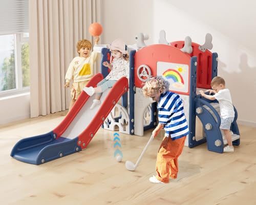 YUFU 12 in 1 Kids Slide for Toddlers, Toddler Slide Playset with Golf, Drawing Board, Climber, Basketball Hoop and Storage Space, Indoor Outdoor Toddler Playground for Kids Age 1-3 (Blue Red) - color: Blue Red