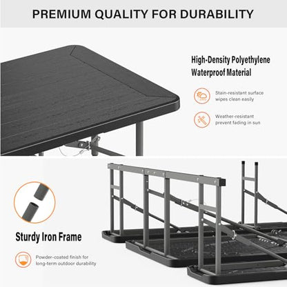 VINGLI Folding Picnic Table and Bench Set with Umbrella, Portable Outdoor Dining Furniture for Camping, Patio, Backyard, Wood Grain Plastic Top with Metal Frame with Dark Blue Umbrella - color: Black, style: With Umbrella