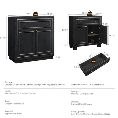 ACCOHOHO Modern Farmhouse Buffet Cabinet, 31.5" Sideboard Credenza, Modular Storage Cabinet with Framed Panel Fronts, Adjustable Shelves & Dual Base Design, Charcoal Black - color: Charcoal Black, size: 1 Piece