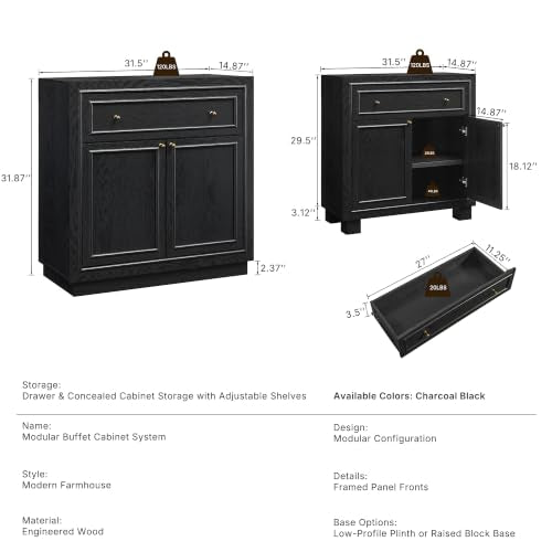 ACCOHOHO Modern Farmhouse Buffet Cabinet, 126" Sideboard Credenza, Modular Storage Cabinet with Framed Panel Fronts, Adjustable Shelves & Dual Base Design, Charcoal Black - color: Charcoal Black, size: 4 Piece