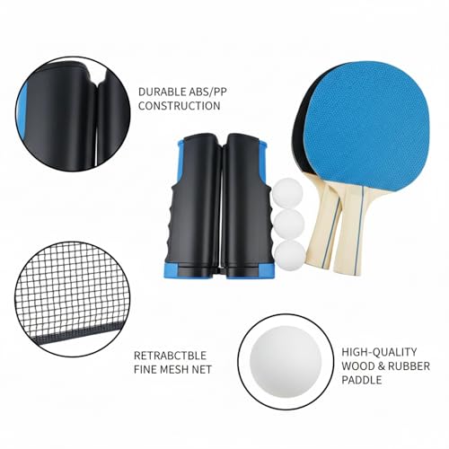 Retractable Table Tennis Net Set with Rackets and Balls, Portable Ping Pong Kit for Flat Surfaces - color: Black