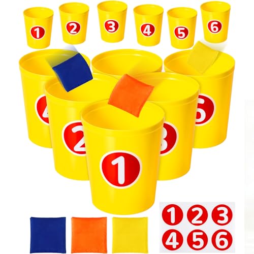15 Pcs Bean Bag Toss Buckets Games Knockdown Can Throwing Game Sets, 6 Buckets 3 Bean Bag Number 1-6 Stickers for Outdoor, Family Gatherings, Birthdays, Indoor and Outdoor Activities