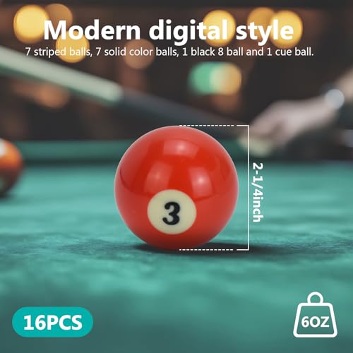 Billiard Ball Set 2-1/4" Regulation Size 16 Balls with Numbers 1-15 Pool Table Balls for Replacement (16 Resin Balls)