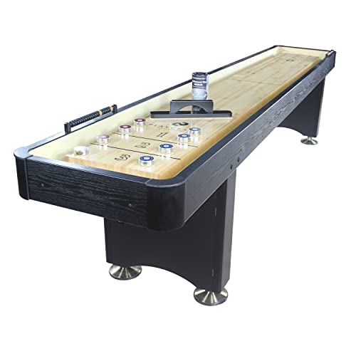 Playcraft Woodbridge Shuffleboard Table with Storage Cabinet - Shuffle Board Game Table Set with Matching Abacus, 8 Pucks, Brush & Wax (Made in USA) - Pro Style Climate Adjusters - color: Black, size: 12 Feet - 1 Piece