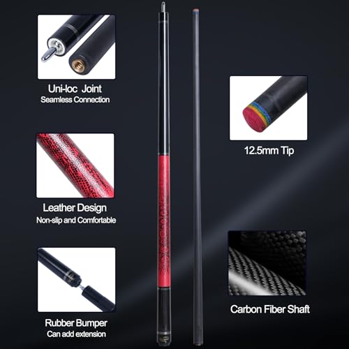 Carbon Fiber Pool Cue Stick 12.5mm Rainbow Tip Low Deflection Pool Stick with Uni-loc Pin Joint and Extension Pool Stick-20 oz - color: Red