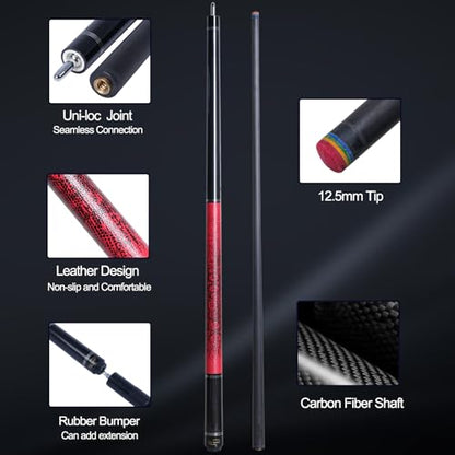 Carbon Fiber Pool Cue Stick 12.5mm Rainbow Tip Low Deflection Pool Stick with Uni-loc Pin Joint and Extension Pool Stick-20 oz - color: Red
