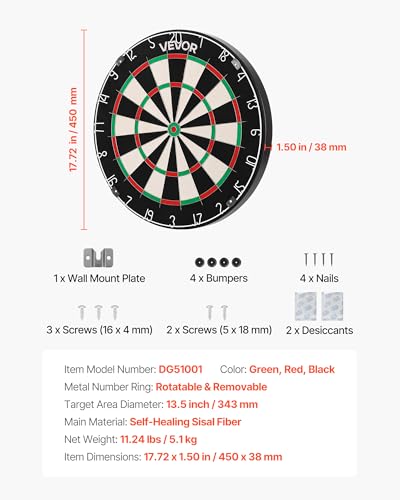 VEVOR Dart Board, High-Grade Self-Healing Sisal Fiber Dartboard with Staple-Free Bullseye, Blade Wire & Rotating Number Ring, 17.7" Professional Dartboard for Home Party Game Room (Darts Not Included)