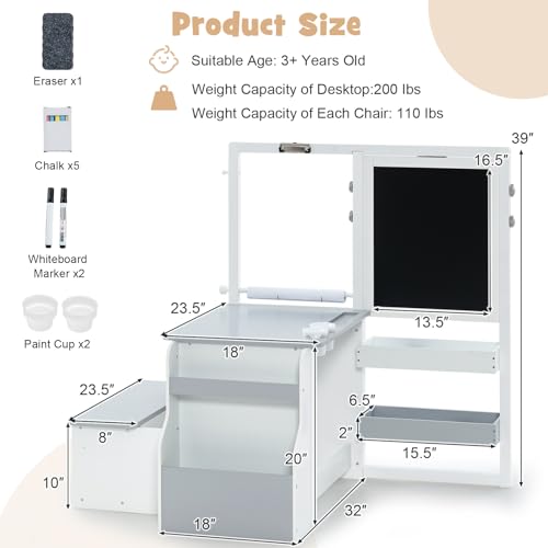 INFANS 3 in 1 Kids Art Table and Chair Set, Toddler Craft and Play Wood Activity Desk with Double-Sided Easel Blackboard Whiteboard, Paper Roll for Writing, Children Furniture for Daycare Nursery - style: Grey