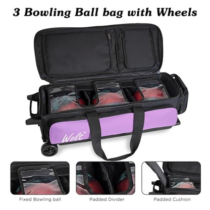 WOLT 3 Ball Bowling Bags with Wheels,Bowling Ball Bag 3 Ball Roller with Separate Shoe Compartment and Accessory Pocket, Retractable Handle Extends to 38’’ - color: Purple