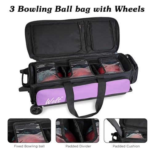 WOLT 3 Ball Bowling Bags with Wheels,Bowling Ball Bag 3 Ball Roller with Separate Shoe Compartment and Accessory Pocket, Retractable Handle Extends to 38’’ - color: Purple