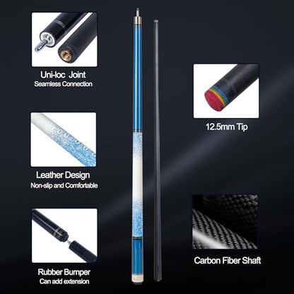 Carbon Fiber Pool Cue Stick 12.5mm Rainbow Tip Low Deflection Pool Stick with Uni-loc Pin Joint and Extension Pool Stick-20 oz - color: Royal Blue-Pro