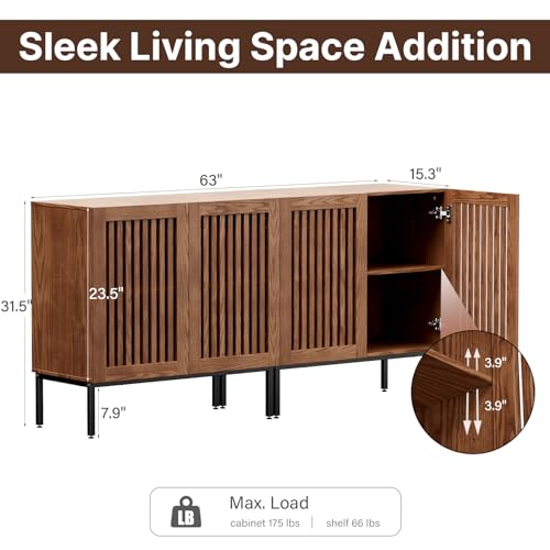 BVIUNTWO Modern Storage Cabinet with Slatted Doors,Sideboard Buffet Cabinet with Adjustable Shelf and Metal Legs for Kitchen,Dining Room,Living Room,63 Inch,Brown - size: 63 Inch