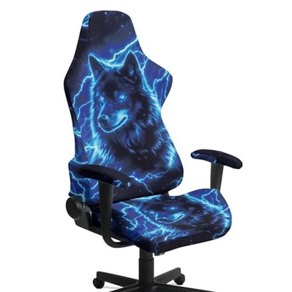 Blue Lightning Wolf Gaming Chair Cover with Armrest Covers Anti Cat Scratch Furniture Protector Universal Stretchable Fit High Back Spandex Rotating Boss Chair Slipcovers, 4Pc/Set - color: Blue Lightning Wolf