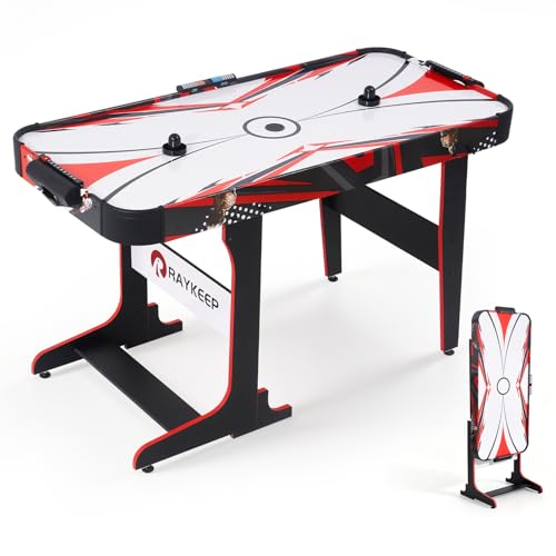 RAYKEEP 57" Foldable Air Hockey Table for Kids & Adults, Space-Saving Arcade Game Table with LED Light-Up Scoreboard, Powerful 12V Motor for Family Game Rooms - color: Black-red