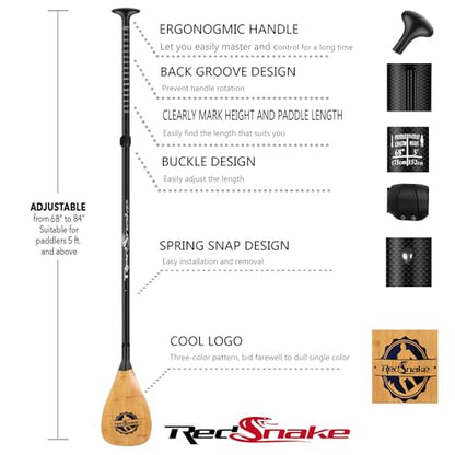 RedSnake Full Carbon Fiber Stand Up Paddleboard Oar, Carbon Fiber Blade with Adjustable 3-Piece Imitation Bamboo SUP Board Paddles Comes with a Backpack