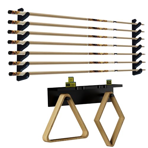 Black Wall-Mounted Pool Stick Holder, Wooden Billiards Pool Cue Rack Holds 7 Cue Sticks and 2 Pool Ball Racks, Pool Table Accessories Organizer for Billiard Rooms or Clubs