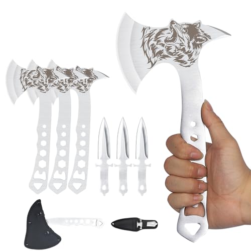 Throwing Axe and Tomahawk 3 Pack Protective Nylon Sheath with Built-in Corkscrew,10.4" Full Tang Stainless Steel Throwing Tomahawk,Gift for Men - color: silver