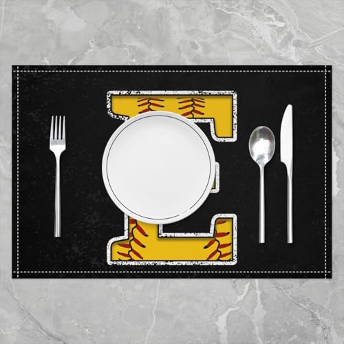 Erosebridal Baseball Placemats 12x18 inch Set of 4 Initial Monogrammed Place Mats for Dining Table | Softball Sports Game Table Place Mats Yellow Letter E Scratch Proof Placemats - color: Yellow E