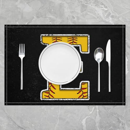 Erosebridal Baseball Placemats 12x18 inch Set of 4 Initial Monogrammed Place Mats for Dining Table | Softball Sports Game Table Place Mats Yellow Letter E Scratch Proof Placemats - color: Yellow E