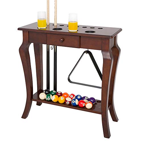 Hathaway Deluxe Floor Pool Cue Rack - Billiard Rack with Drawer, 4 Cup Holders, 8 Pool Stick Holder Slots & Organizer for Balls and Pool Cue Accessories - Pool Cue Holder for Billiards - Walnut Finish