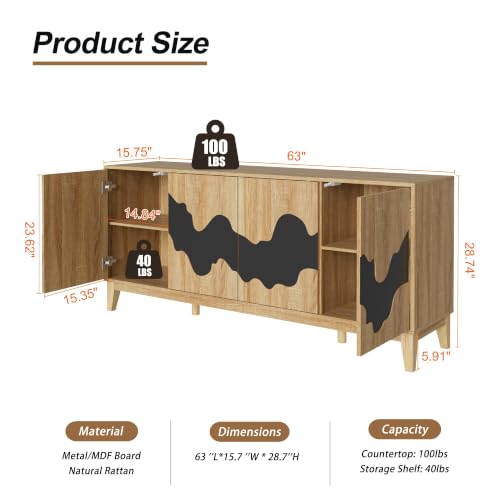 UEV Buffet Cabinet, 63" Modern Sideboard with Black Water Stream Pattern, Kitchen Storage Cabinet with 4 Doors & Shelf, Wood Credenza for Dinning Room, Living Room - color: Natural and Black