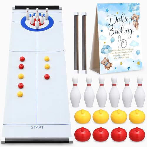 Capoda Tabletop Curling and Bowling Games Baby Shower Game Set Include 8 Curling 6 Bowling 1 Mat 2 Magnetic Strip for Indoor Birthday Bridal Shower Gender Reveal Table Decoration Supplies(Blue Bear) - style: Blue Bear