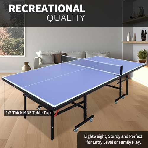 Table Tennis Table Indoor Foldable Table Tennis Game Set, 8-Feet Single Play Mode Table with Net Pole Set, 2 Pars and 3 Balls