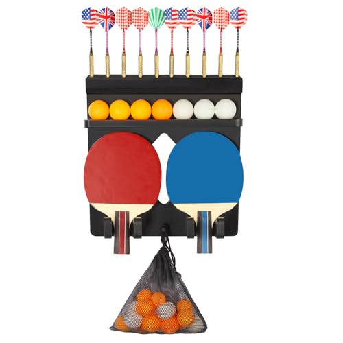 Ping Pong Paddle Holder Wall Mount Hold 8 Paddles, Ping Pong Rack Dart Holder 2-in-1, 100% Solid Wood Table Tennis Organizer, Black