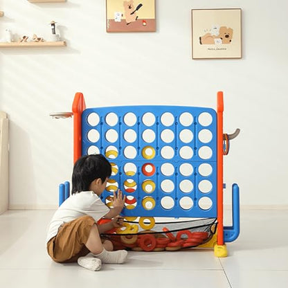 4-to-Score Giant Game Set, 4-in-1 Indoor Outdoor Yard Family Connect Game (4-in-a-Row + Basketball + Ring Toss + Mini Golf), Height Adjustable 2.5–3.3FT, Includes Carry Bag - size: 43"x16"x38"-Orange&Blue
