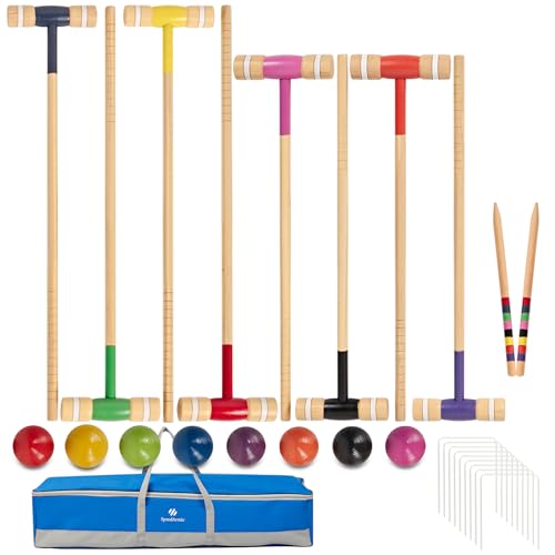 SpeedArmis 8 Players Croquet Set with 32In Regulation | 28In Standard Size Rubber Wood Mallets, Colored PE Ball, Wickets, 21In End Stakes - Lawn Backyard Game Kit for Teens/Adults/Family - color: Burlywood