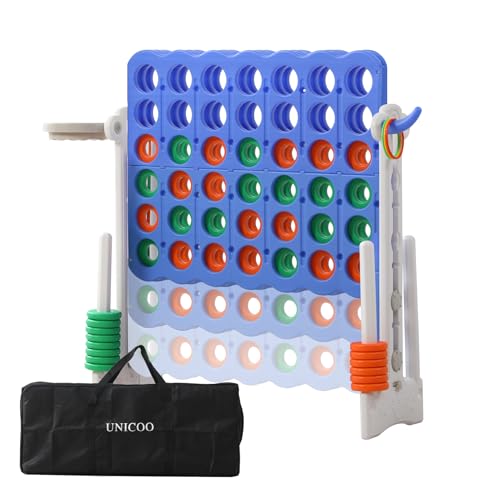 UNICOO Jumbo 4-in-a-Row Game Set, Height Adjustable Indoor Outdoor Yard Game with Basketball Hoop, Ring Toss & Carrying Bag, Family Party Lawn Game for Kids and Adults - color: Blue & White