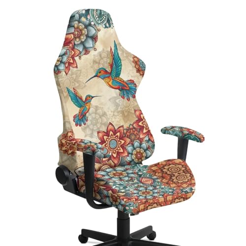 Hummingbird Print Gaming Chair Seat Covers Bohemian Flower Print Game Chair Cover with Armrest Covers Skin Friendly Soft Elastic - color: Brown - Hummingbird Bohemian Flower