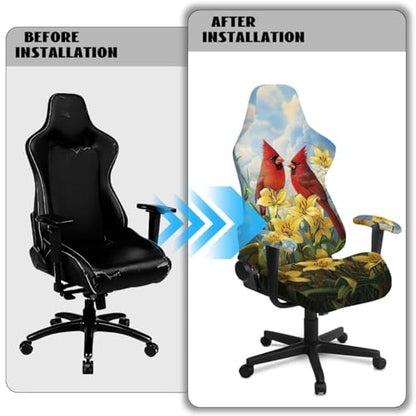 Suobstales Cardinal Lily Flower Print Gaming Chair Covers Cat Scratch Proof Stretch Gaming Chair Seat Covers with Armrest Cover, Anti-Scratch Protection for Ergonomic Game Rotating Office Chair - color: Cardinal Lily Flower
