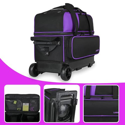 LARIPOP 2 Ball Bowling Roller Bag, Wheeled Bag with Shoe Compartment, Telescopic Handle & Padded Protection for Men Women - color: Purple