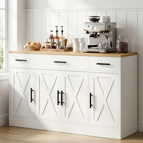 SUNLEI Kitchen Buffet Sideboard Cabinet, Farmhouse Coffee Bar Cabinet with Storage, Wooden Kitchen Storage Cabinet with 4 Doors & Adjustable Shelves, Modern Sideboard for Kitchen & Living Room, Ivory - color: Ivory, size: 53.4 inch