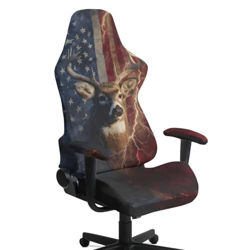Suobstales Deer Lightning American Flag Pattern Gaming Chair Cover Washable Gaming Chair Slipcovers with Armrest Covers, Stretchable Universal Fit Ergonomic Office Desk & Racing Computer Gamer Chairs - color: Deer Lightning American Flag