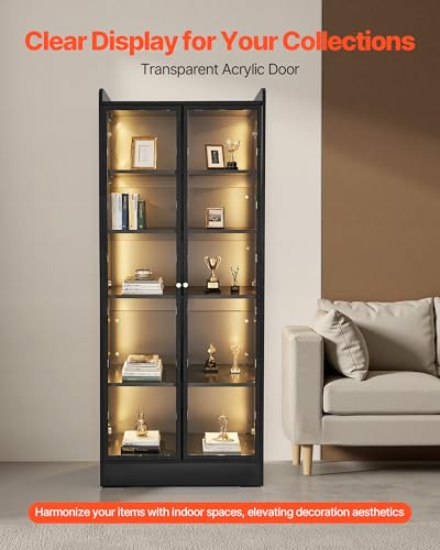 VEVOR Display Cabinet with Doors, 67in Tall Display Case with 2 Adjustable Shelves, 3 LED Lights, 5-Tier Curio Collectibles Storage Cabinet, Bookshelf Bookcase for Pantry Bedroom Living Room Office - size: 67in