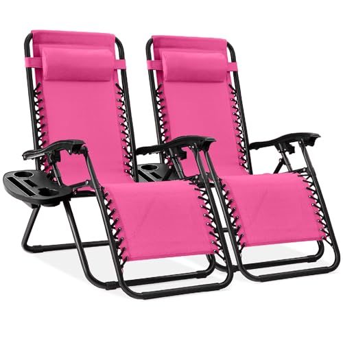 Best Choice Products Set of 2 Adjustable Steel Mesh Zero Gravity Lounge Chair Recliners w/Pillows and Cup Holder Trays - Hot Pink/Black - color: Hot Pink, size: Standard