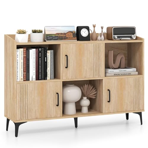 Giantex Storage Cabinet, Sideboard with 3 Doors, 3 Open Compartments, Bookcase with 5 Raised Metal Legs, Buffet Table, Bookshelf, Floor Cabinet for Living Room Display, Dining Room, Entryway, Oak - color: Natural, size: 47"x11.5"x32"