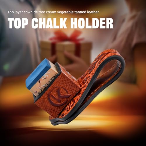 KONLLEN Leather Magnetic Chalk Holder, Pool Cue Accessory | Round or square engraved leather holder keeps billiard chalk secure and easy to reach during pool play. - color: 007VT Holder-Brown-Blue chalk