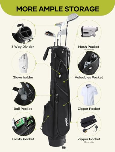 Small Golf Bag, 3 Divider Fit Up to 8 Clubs, Golf Stand Bag with Rain Cover, Durable Pitch n Putt, Lightweight Golf Club Carry Bag with Strap and Stand, Golf Bags for Men & Women - color: Black