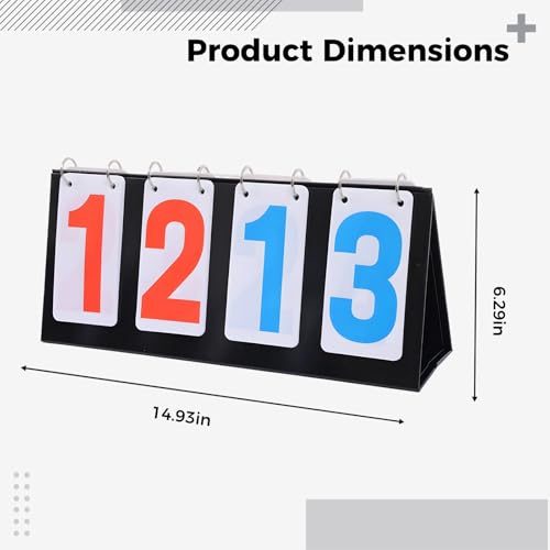 4-Digit Scoreboard, Portable with Red & Blue Numbers, 6.3 x 15 in / 16 x 38 cm, Tabletop Flip Scoreboards for Tennis, Basketball, All Sports Games