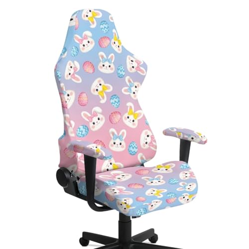 Ergonomic Office Chair Cover with Armrest Covers Fade-Resistant Fabric Stretch Easter Decor Reclining Racing Gaming Chair Slipcovers with Zipper, Bunny Easter Eggs Blue Pink Gradient - color: Bunny Easter Eggs Blue Pink Gradient