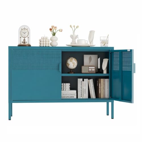 Metal Storage Cabinet,2 Door TV Stand, Metal Mesh Accent Cabinet,Magnetic Door Closure,Low Storage Cabinets with Doors and Shelves - color: Blue, size: 25"H