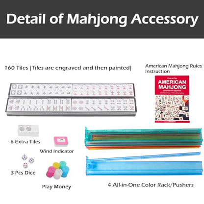 American Mahjong Game Set, 166 White Tiles, 4 All-in-One Color Rack/Pushers, Complete Mahjong Tile Set Red Printed Carrying Bag - color: Red